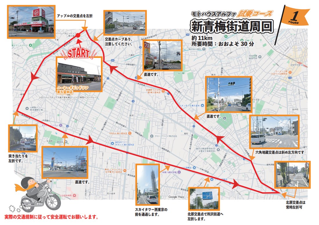 ハーレーダビッドソン東久留米 試乗コースマップ｜新青梅街道周回（約30分）
