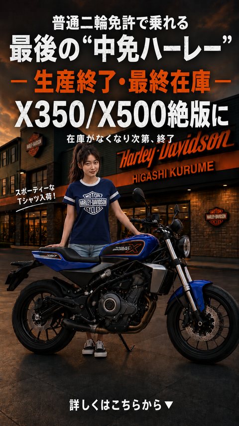 X 350 / X 500 生産終了・最終在庫｜普通二輪免許で乗れる最後の中免ハーレー｜詳しくはこちら