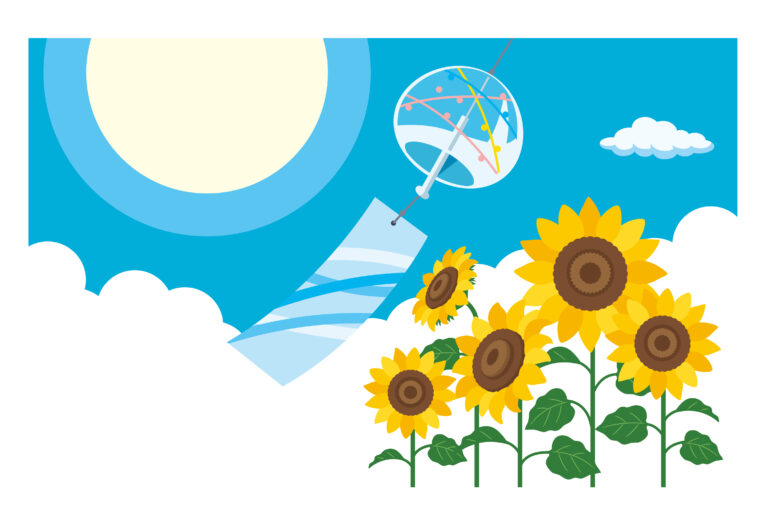 風鈴と空とひまわりの夏のイラスト素材