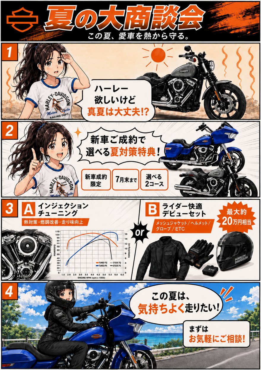 夏の大商談会 早わかり4コマ(ハーレーが欲しいけど真夏は大丈夫?新車成約で選べる夏対策特典)